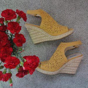 Not Rated Gold Yellow Suede Cut Out Wedge Sandals